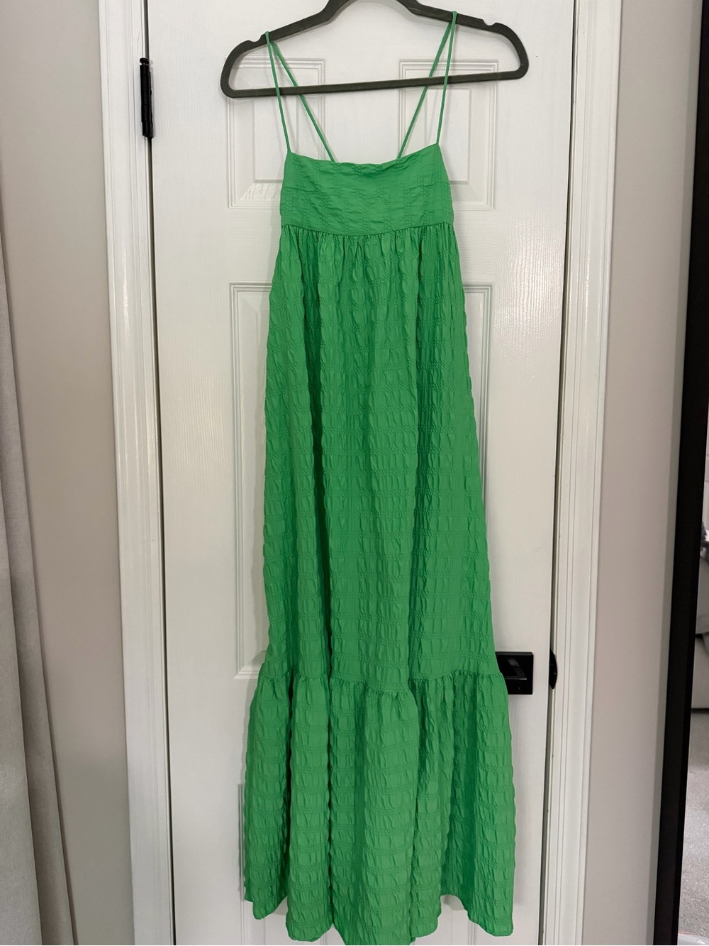 Zara Bright Green Textured Maxi Dress with Spaghetti Straps